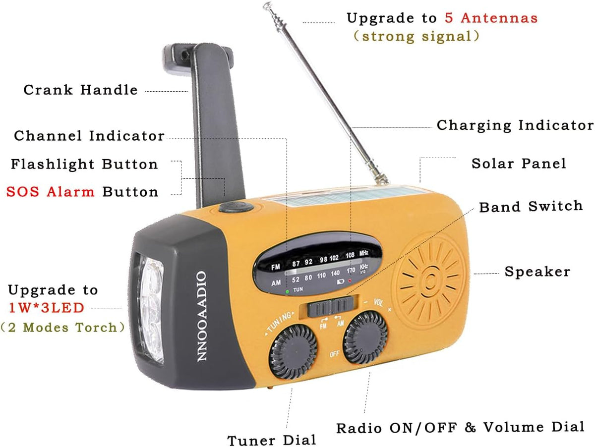 Wind up Solar Hand Crank Radio, 2000Mah SOS Alarm for Camping