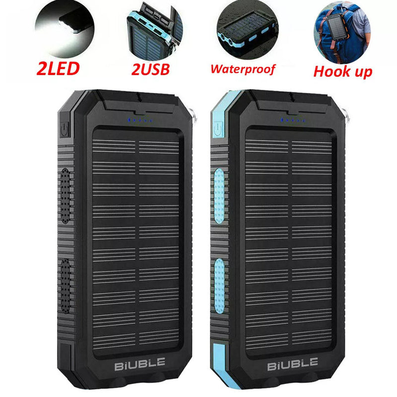 1O000Mah Solar Power Bank Waterproof 2USB LED Battery Charger for Cell Phone