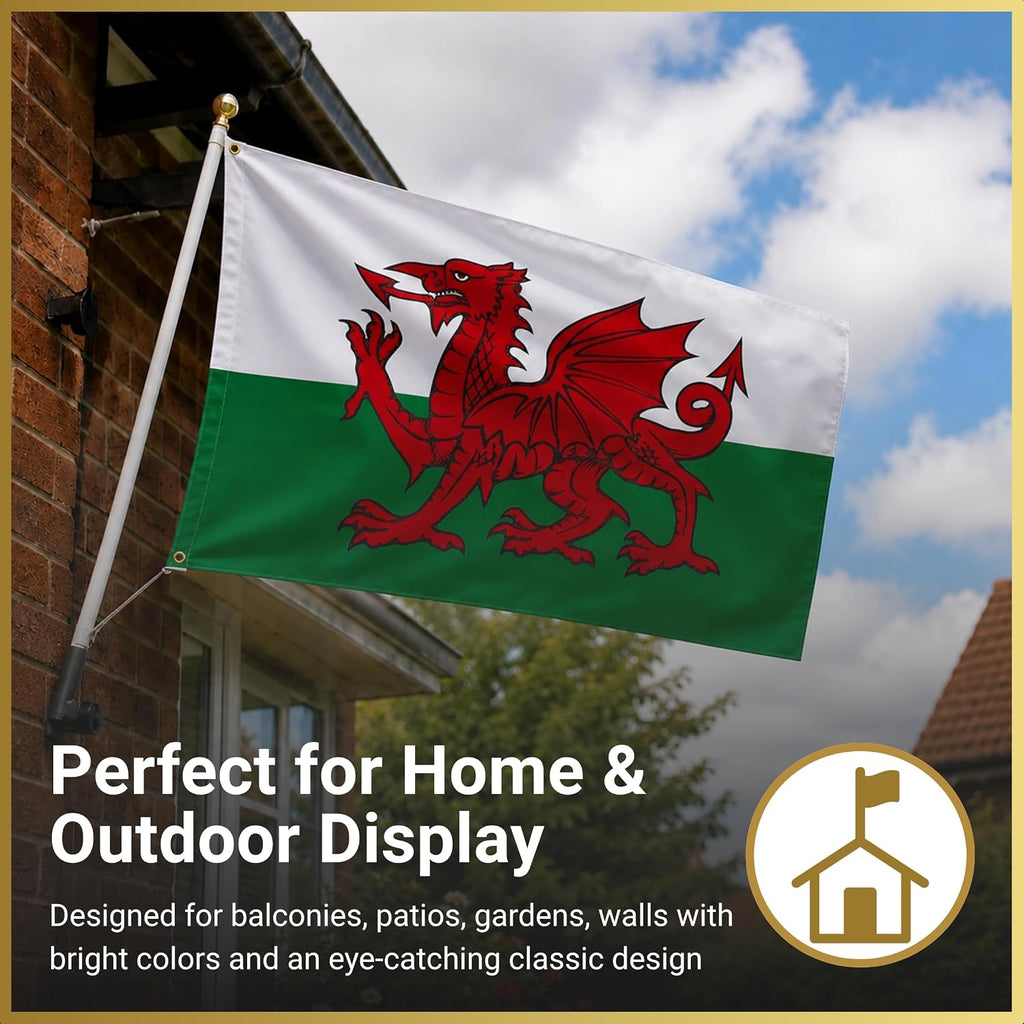 Wales Dragon Cymru Flag 5Ft X 3Ft with Brass Eyelets – Large Polyester Welsh Flag Banner for Football Matches, Rugby Supporters, St David’S Day and Indoor Outdoor Home & Garden Display