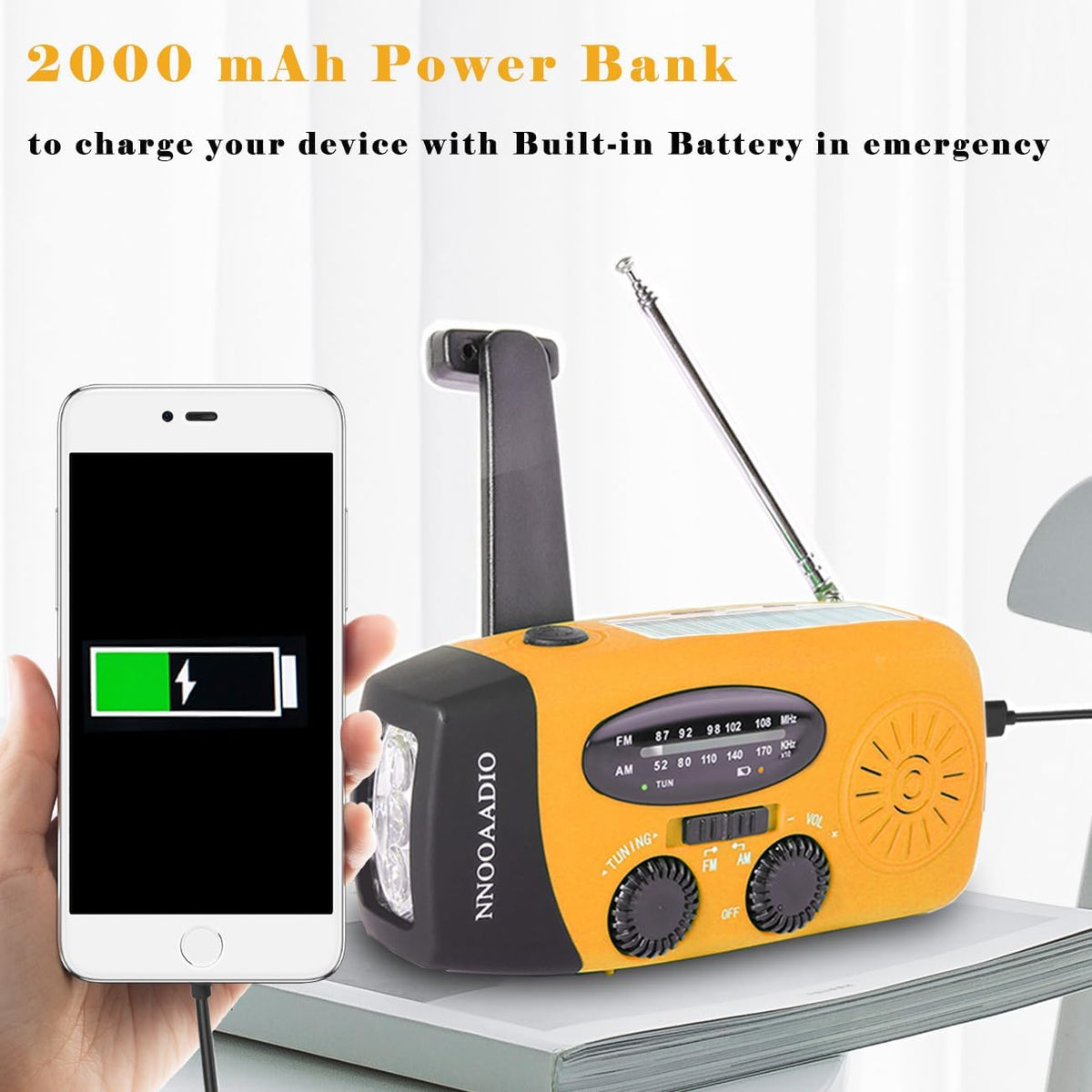 Wind up Solar Hand Crank Radio, 2000Mah SOS Alarm for Camping