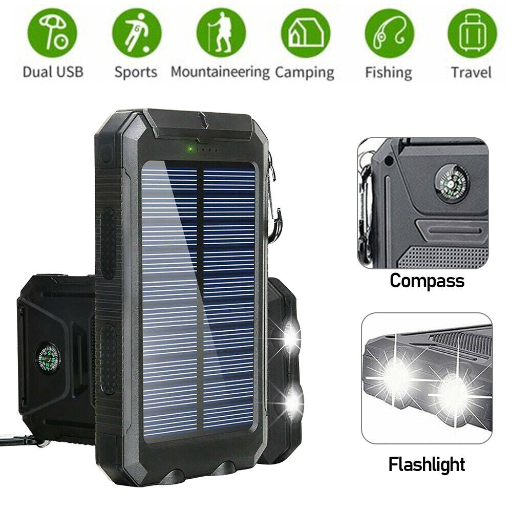 1O000Mah Solar Power Bank Waterproof 2USB LED Battery Charger for Cell Phone