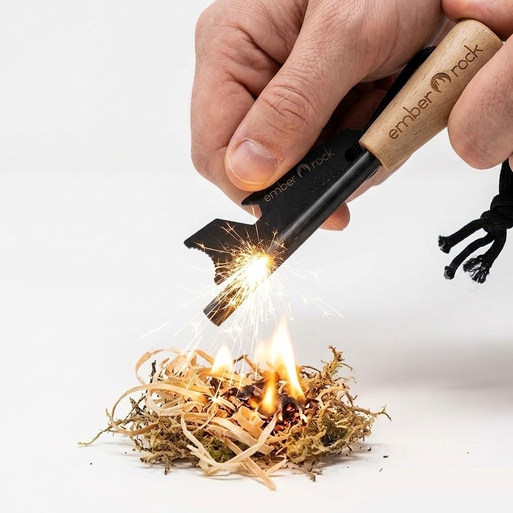 Survival Fire Steel Premium Magnesium Ferrocium Rod Firesteel Includes Flint Striker Multi Tool & Chunky Wooden Handle for Grip Essential Fire Starter Camping Survival Kit