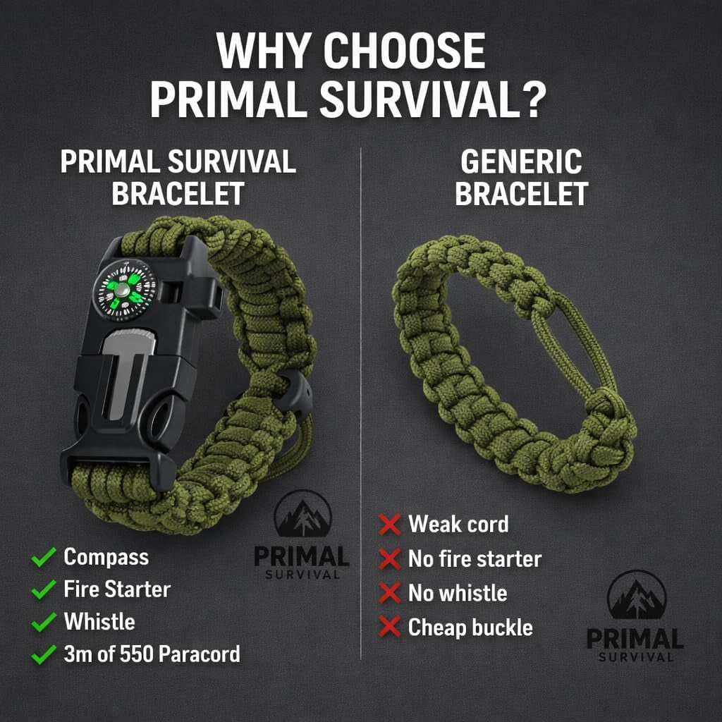 5-In-1 Survival Bracelet | 550 Paracord Bracelet with Compass, Emergency Whistle & Fire Starter | Adjustable 3.2M Bracelet for Camping, Hiking & Bushcraft