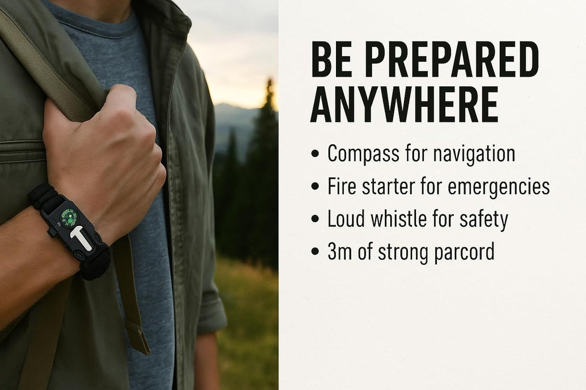 5-In-1 Survival Bracelet | 550 Paracord Bracelet with Compass, Emergency Whistle & Fire Starter | Adjustable 3.2M Bracelet for Camping, Hiking & Bushcraft
