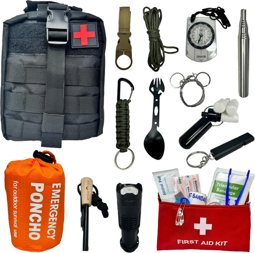 Emergency Survival Kit - 22 in 1 Outdoor Bushcraft Equipment - Molle Tactical Pouch - Camping Hiking Hunting Gear