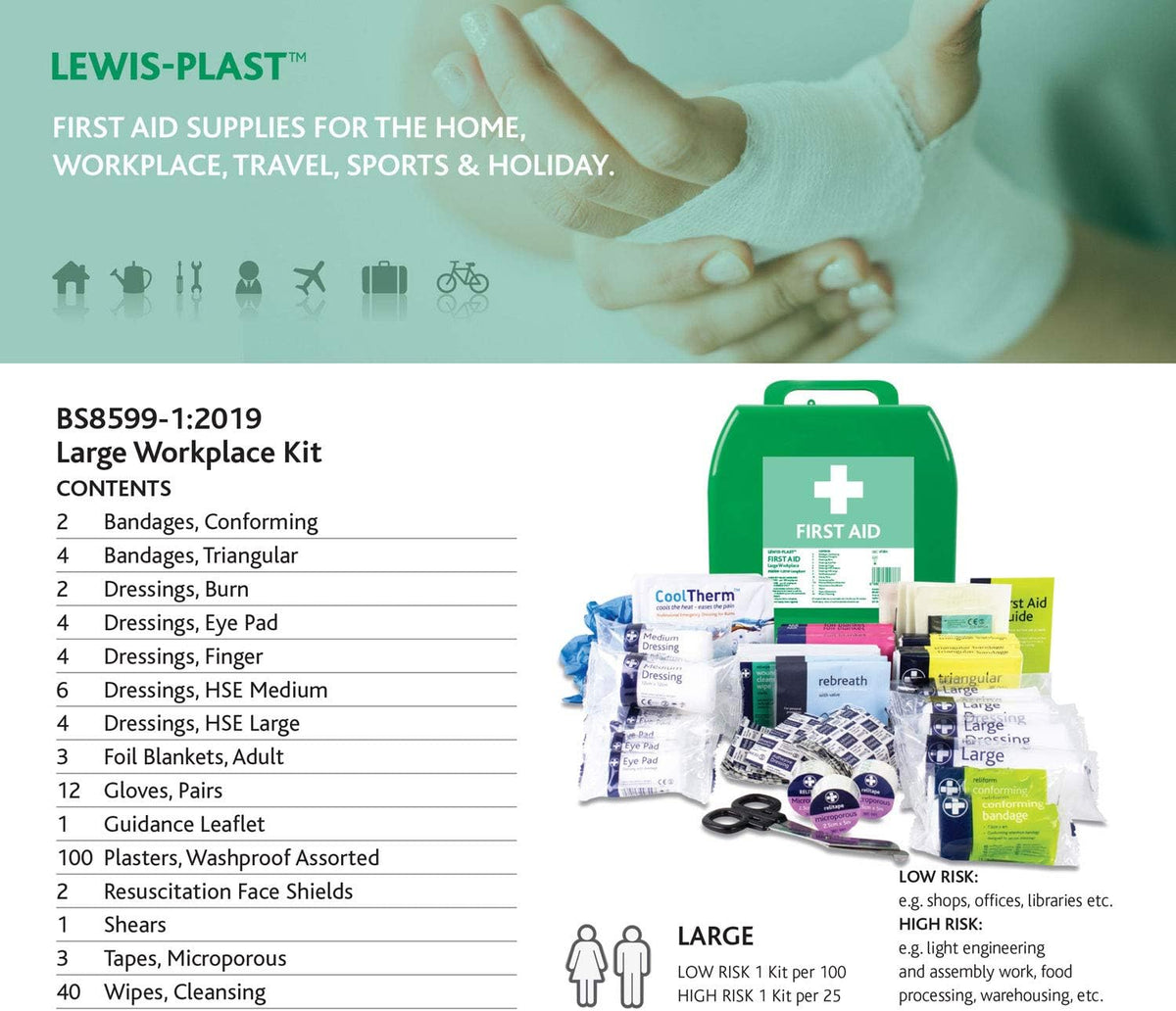 Large Premium BS8599-1 Compliant (Low Risk High Risk) First Aid Kit - First Aid Kit for Injuries Green