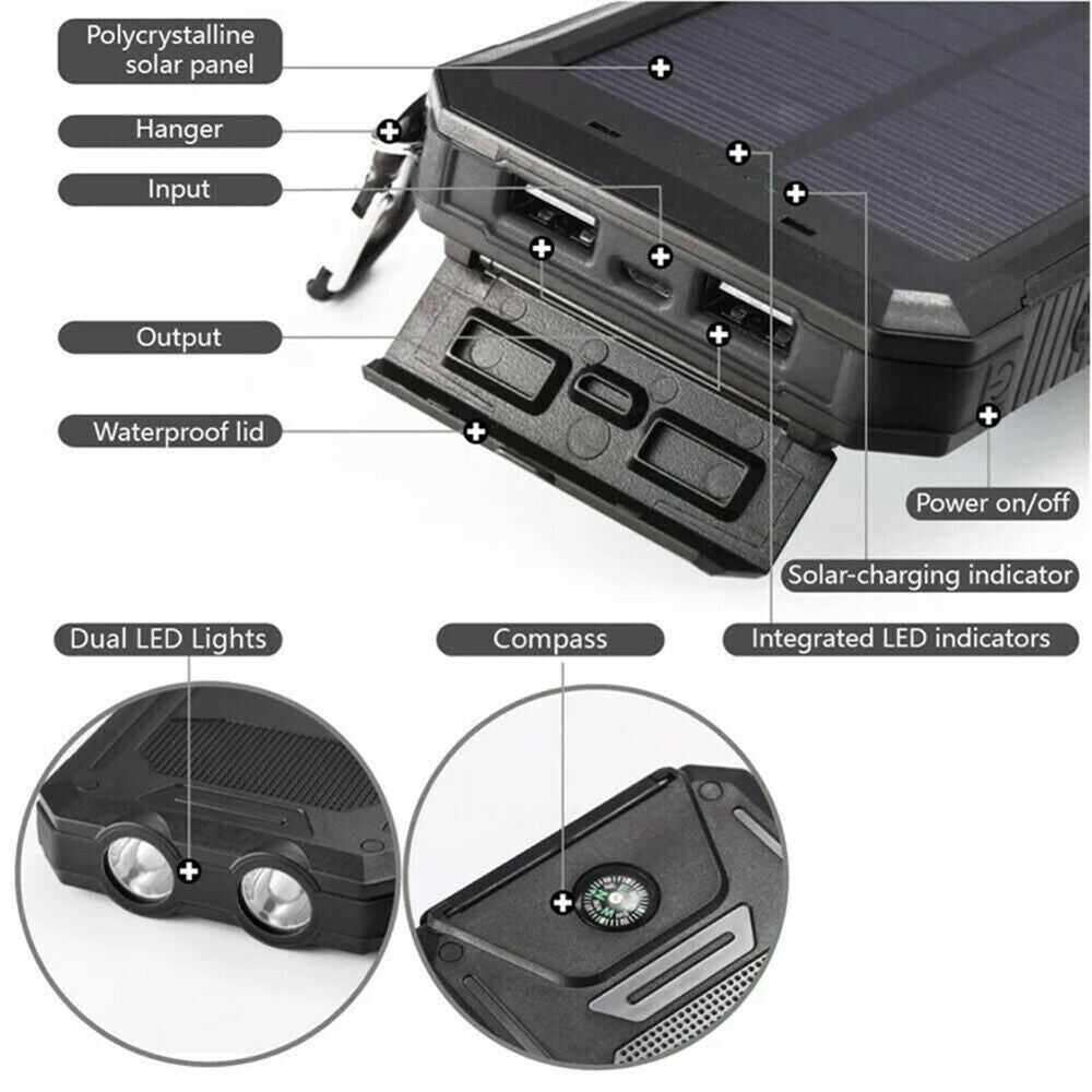 1O000Mah Solar Power Bank Waterproof 2USB LED Battery Charger for Cell Phone
