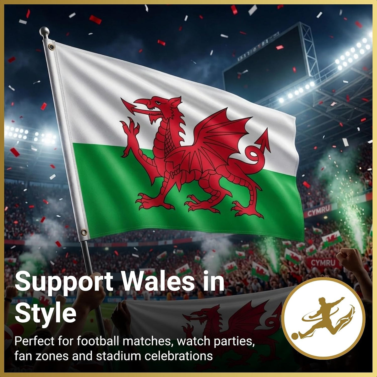 Wales Dragon Cymru Flag 5Ft X 3Ft with Brass Eyelets – Large Polyester Welsh Flag Banner for Football Matches, Rugby Supporters, St David’S Day and Indoor Outdoor Home & Garden Display