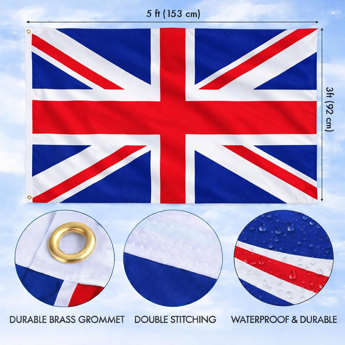 Union Jack Flag 5Ft X 3Ft (153Cm X 92Cm) British Flag, Durable Polyester UK Flag with Double-Stitched Seams, Brass Eyelets, Fade-Resistant Fly Breeze Outdoor and Indoor Flag